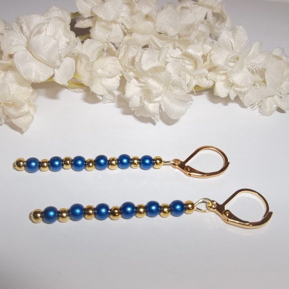 Blue and Gold Earrings, Blue Pearl Earrings, Blue Dangle Earrings, Earrings 7770 - Picture 4 of 8